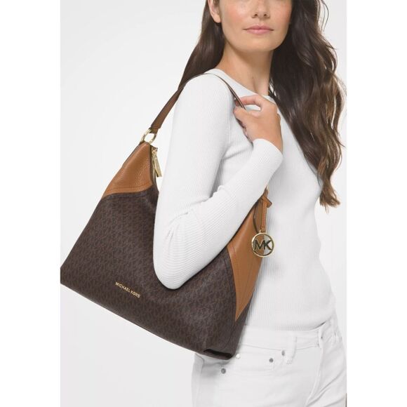New! MICHAEL KORS MK Signature Logo Aria Large Shoulder Bag Crossbody Bag Brown - Picture 2 of 8